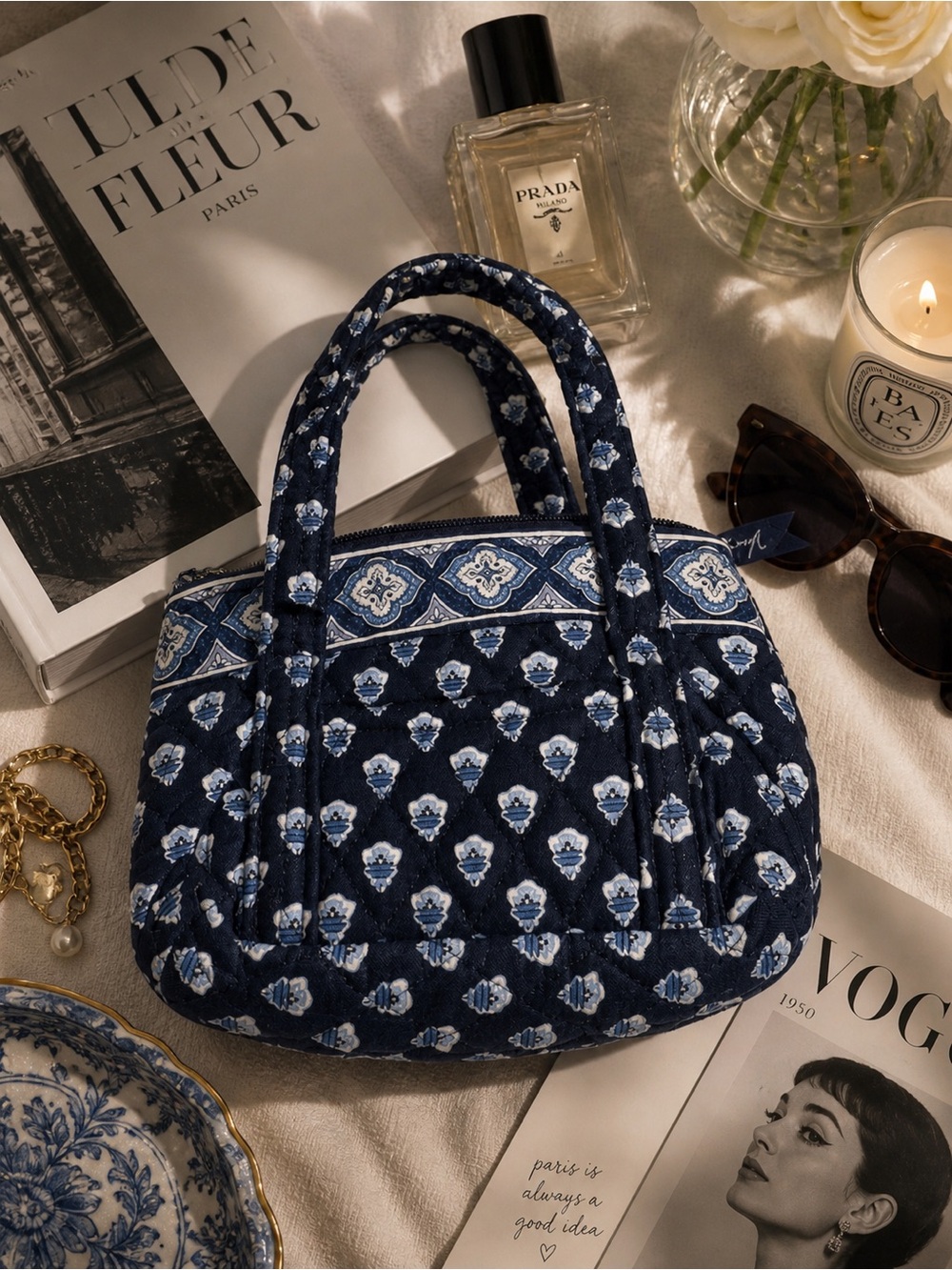 MINIIII Vera Bradley Blue and White Mini Bag with Heart Pattern